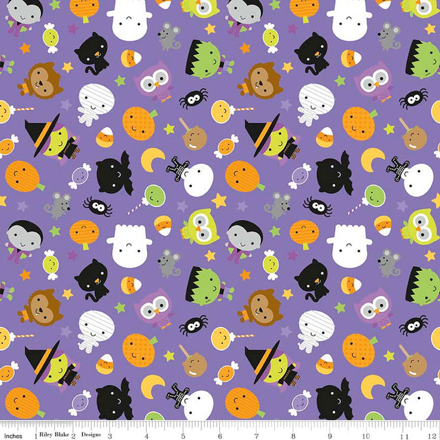 Cotton Lycra Knit Fabric Ghouls and Goodies Main Purple Seconds