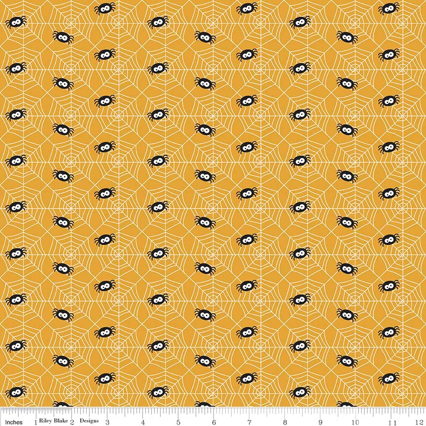 Cotton Lycra Knit Fabric Ghouls and Goodies Spider Orange
