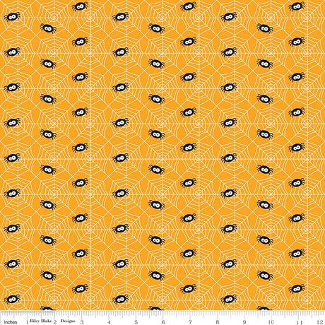 Cotton Lycra Knit Fabric Ghouls and Goodies Spider Orange