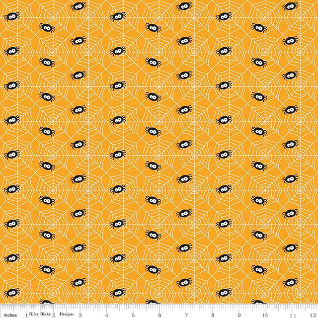 Cotton Lycra Knit Fabric Ghouls and Goodies Spider Orange