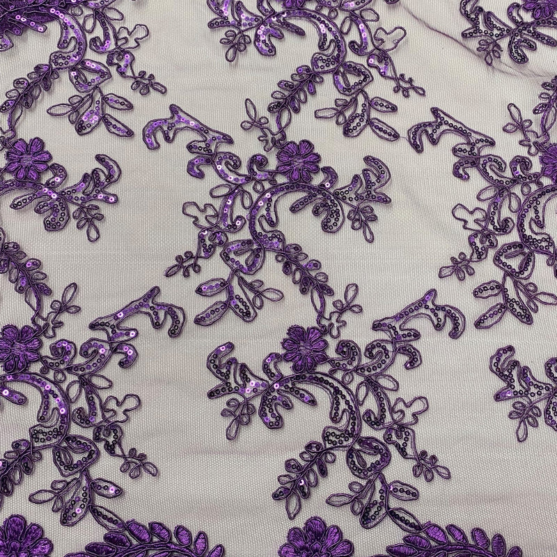 Elena's Lace Purple Polyester Lace Fabric - Corded Mesh Embroidered With Sequins, Double Scalloped Edge, Purple, 54" Width (1 Yard)