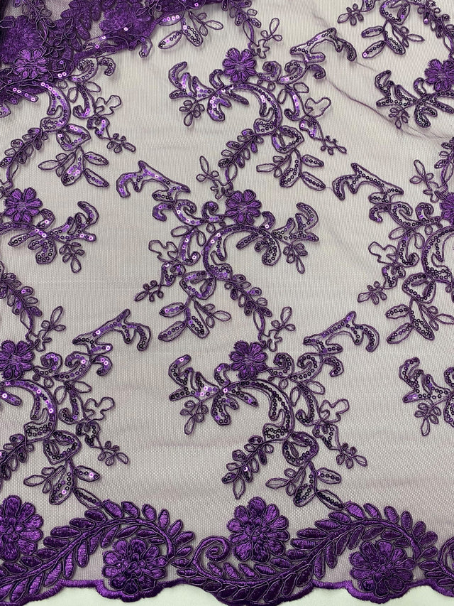 Elena's Lace Purple Polyester Lace Fabric - Corded Mesh Embroidered With Sequins, Double Scalloped Edge, Purple, 54" Width (1 Yard)