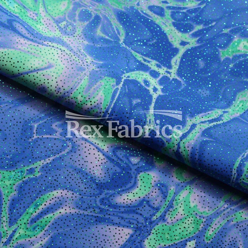 Vapor Wave With Foil Poly Spandex Fabric - Sparkly Marble Print, Teal, Fuchsia, Purple Green, Orange, 58/60" Width (1 Yard)