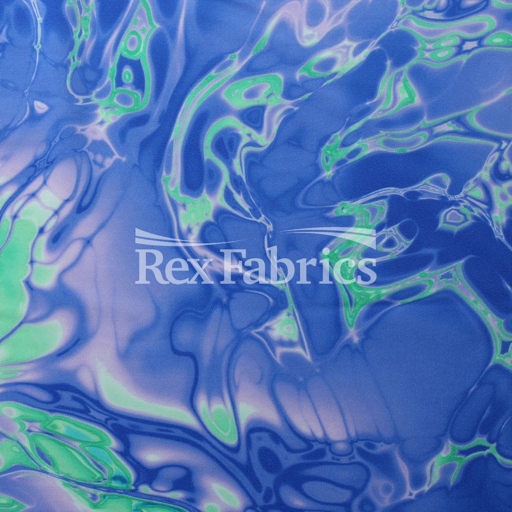 Vapor Wave Polyester Spandex Fabric - Teal, Fuchsia, Purple/Green, Orange Marble Pattern, 58/60" Width (1 Yard)