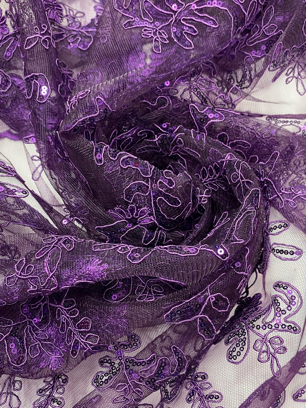 Elena's Lace Purple Polyester Lace Fabric - Corded Mesh Embroidered With Sequins, Double Scalloped Edge, Purple, 54" Width (1 Yard)