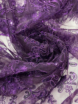 Elena's Lace Purple Polyester Lace Fabric - Corded Mesh Embroidered With Sequins, Double Scalloped Edge, Purple, 54" Width (1 Yard)