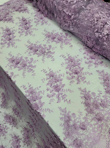 3D Floral Lace Lavender Embroidery Pearls