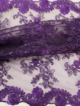 Elena's Lace Purple Polyester Lace Fabric - Corded Mesh Embroidered With Sequins, Double Scalloped Edge, Purple, 54" Width (1 Yard)