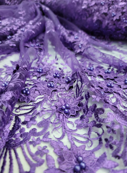 Purple 3D Beaded Lace Mesh Fabric