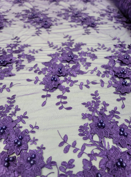 Purple 3D Beaded Lace Mesh Fabric