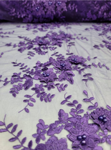 Purple 3D Beaded Lace Mesh Fabric