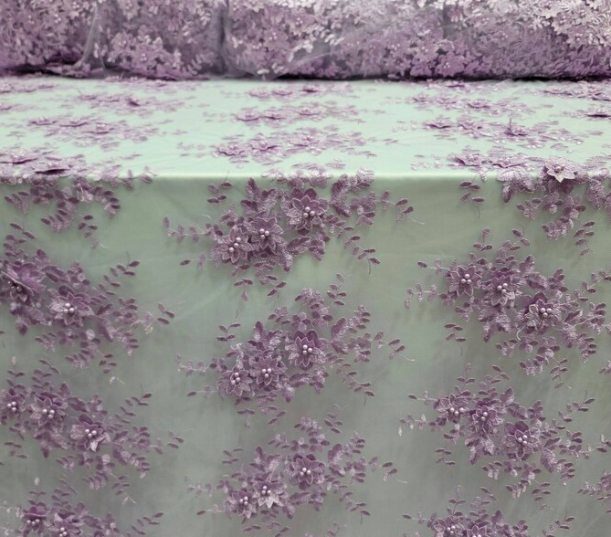3D Floral Lace Lavender Embroidery Pearls