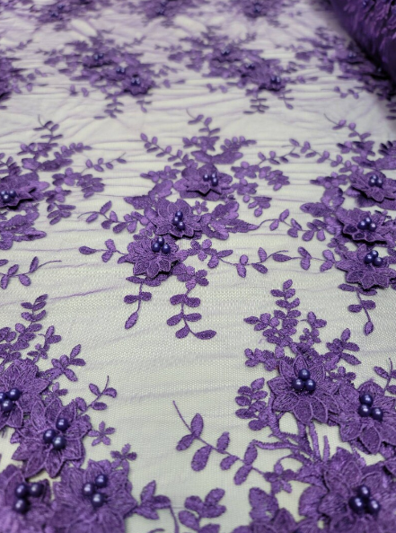 Purple 3D Beaded Lace Mesh Fabric