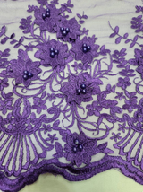 Purple 3D Beaded Lace Mesh Fabric
