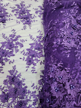 Purple 3D Beaded Lace Mesh Fabric