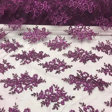 Purple Sequin Lace Fabric With Embroideries On Mesh - Purple Embroidered Sequin Mesh Lace Fabric (1 Yard)