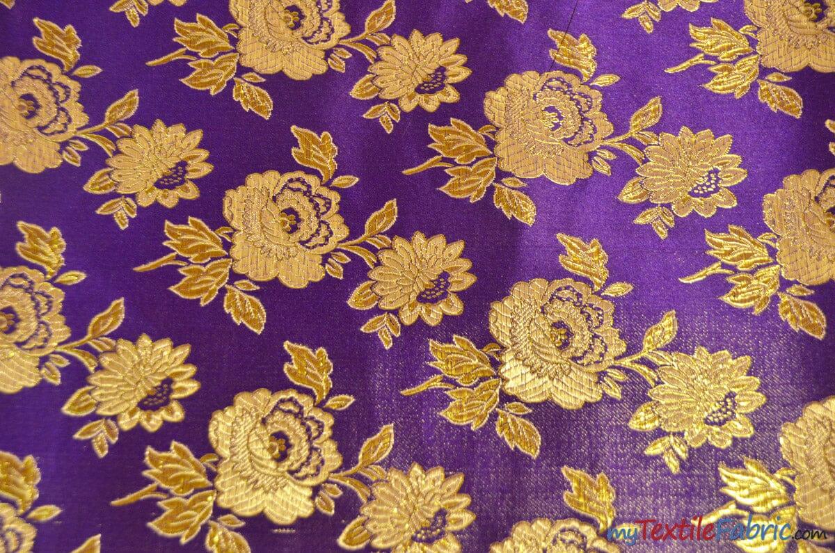 Oriental Metallic Flower Brocade Polyester Fabric - Metallic Brocade, 58" Wide (1 Yard)