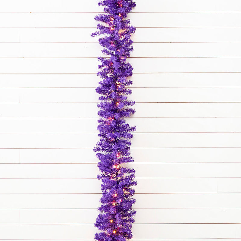 9' LED Purple Garland 12" Wide 50 Warm Lights Festive Holiday