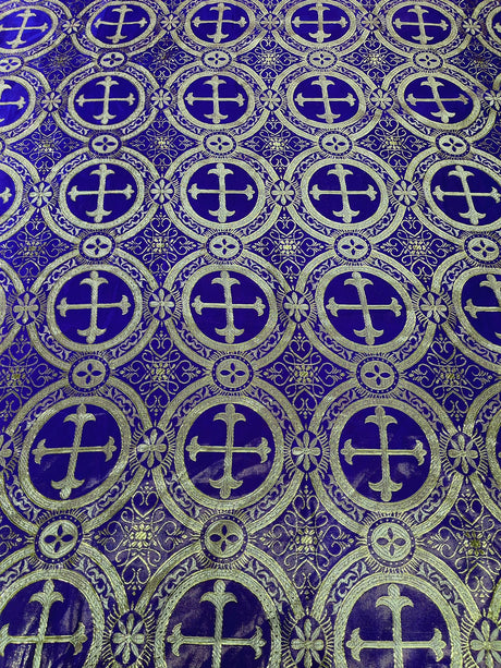 Purple/Gold Rectangular Metallic Cross Brocade Jacquard Satin Fabric - Purple/Gold Metallic Cross Pattern, Rectangular Tablecloth Overlay, 60" X 72" (1 Unit)