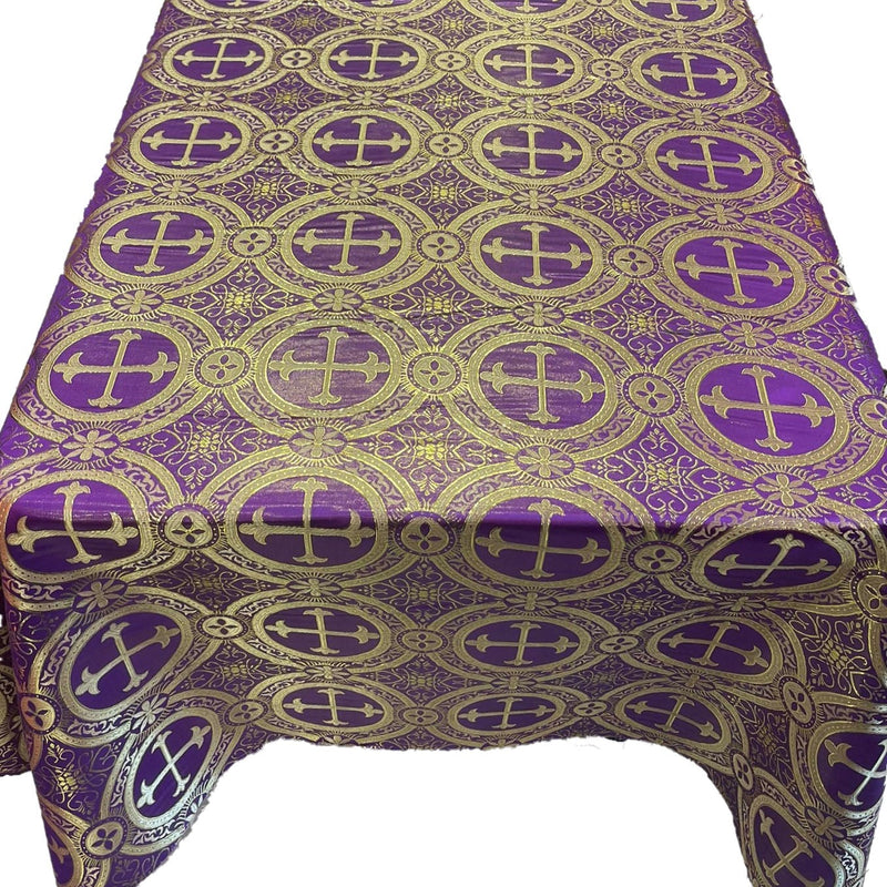Purple/Gold Rectangular Metallic Cross Brocade Jacquard Satin Fabric - Purple/Gold Metallic Cross Pattern, Rectangular Tablecloth Overlay, 60" X 72" (1 Unit)