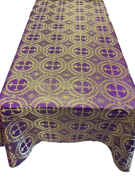 Purple/Gold Rectangular Metallic Cross Brocade Jacquard Satin Fabric - Purple/Gold Metallic Cross Pattern, Rectangular Tablecloth Overlay, 60" X 72" (1 Unit)