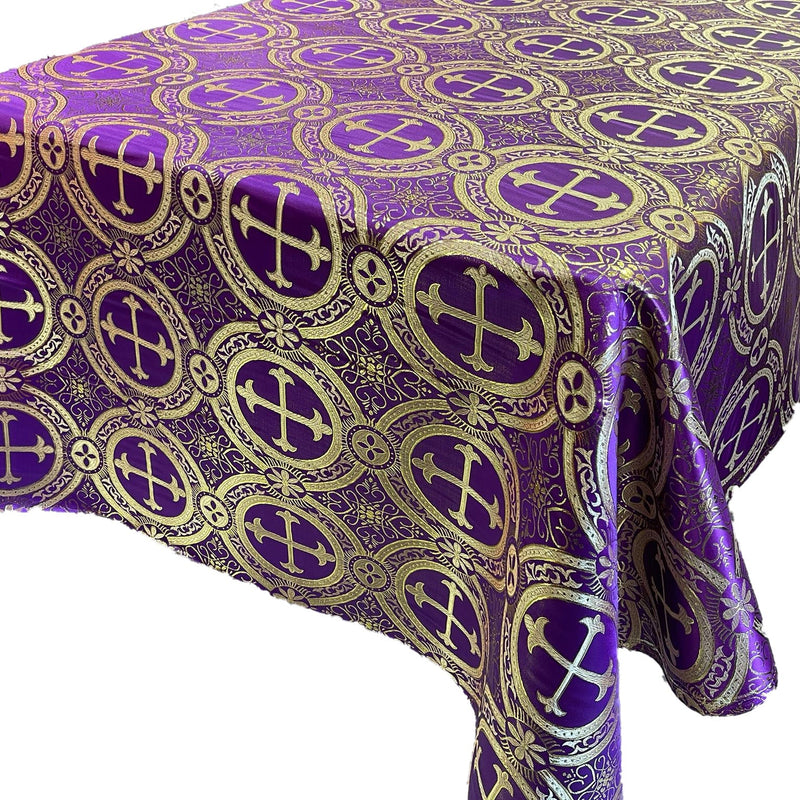 Square Metallic Cross Jacquard Satin Fabric - Purple/Gold Metallic Cross Pattern, Square Overlay, 36" To 58" Sizes (1 Piece)