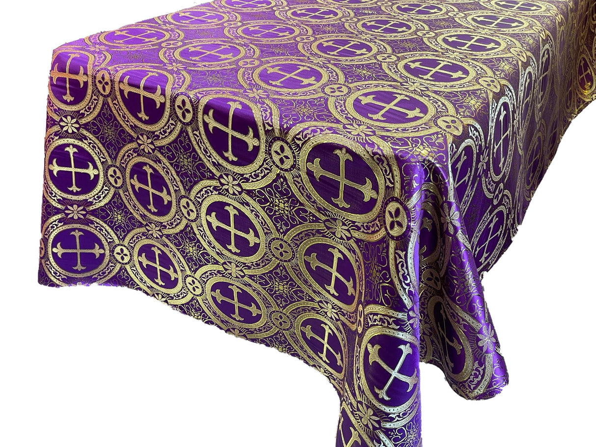 Square Metallic Cross Jacquard Satin Fabric - Purple/Gold Metallic Cross Pattern, Square Overlay, 36" To 58" Sizes (1 Piece)