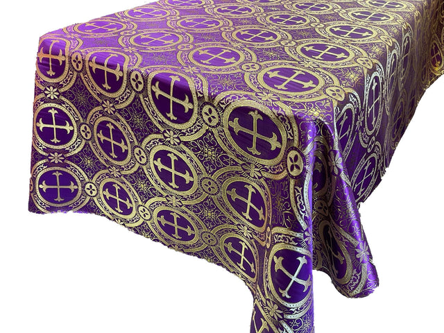 Square Metallic Cross Jacquard Satin Fabric - Purple/Gold Metallic Cross Pattern, Square Overlay, 36" To 58" Sizes (1 Piece)