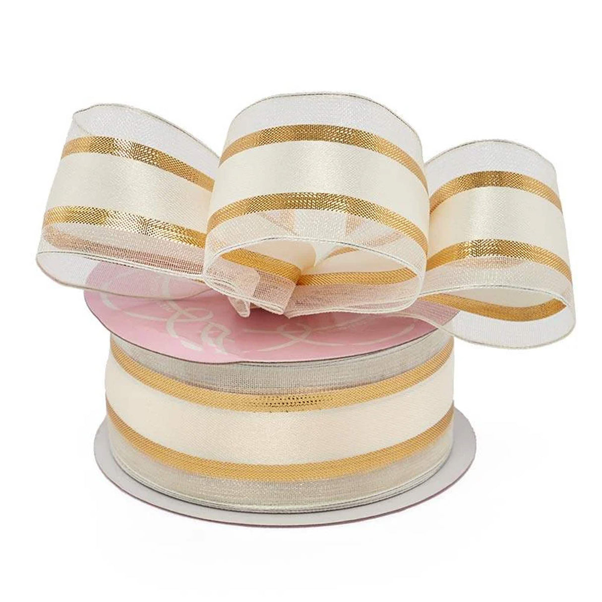Metallic Edged Satin Center Ribbon 1 1/2 '' X 25 yd Ivory / Gold Color 1 / roll