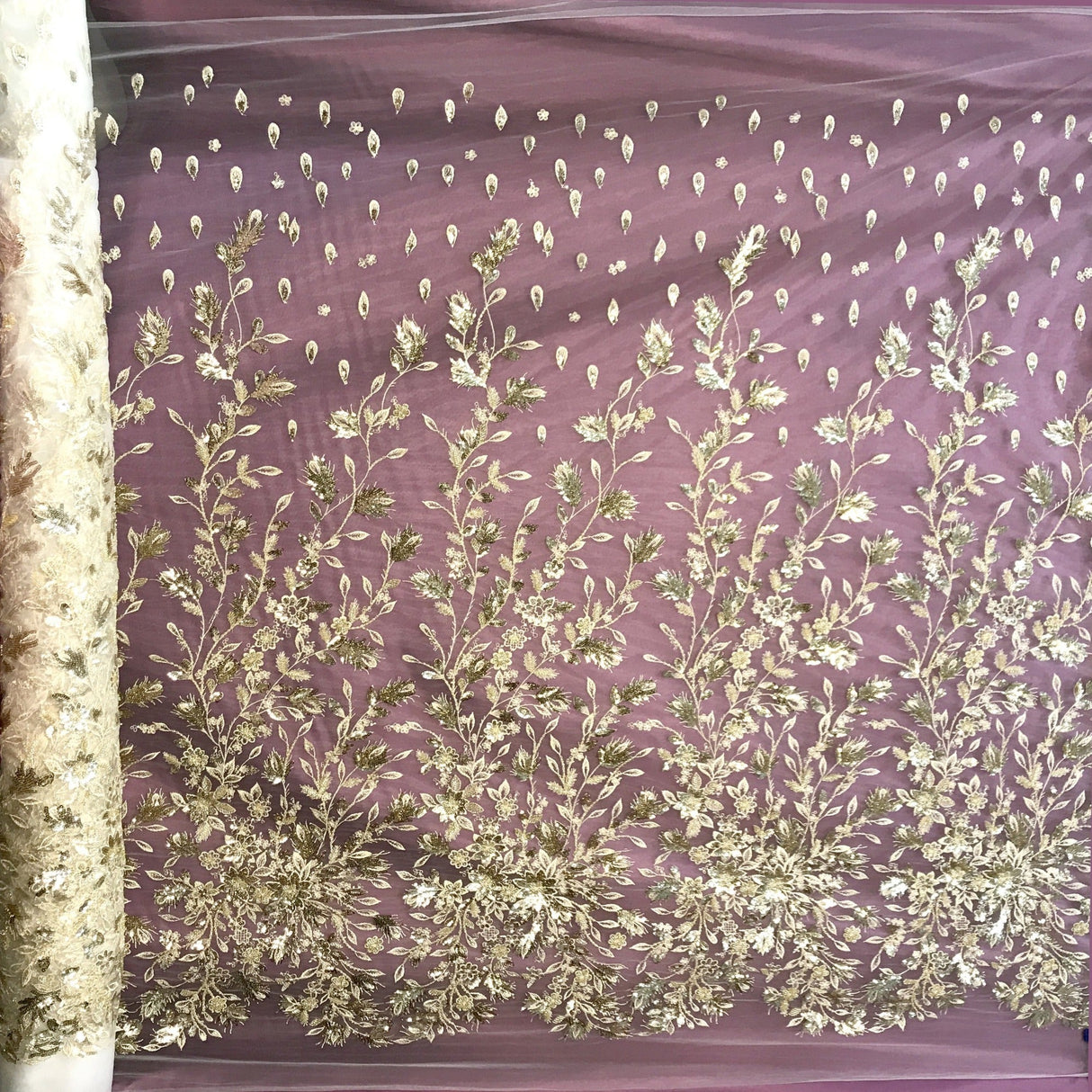 Beaded Sequined Lace Fabric - Embroidered Net Mesh, White, Ivory, Gold Metallic, Silver Metallic, 54" Width (1 Yard)