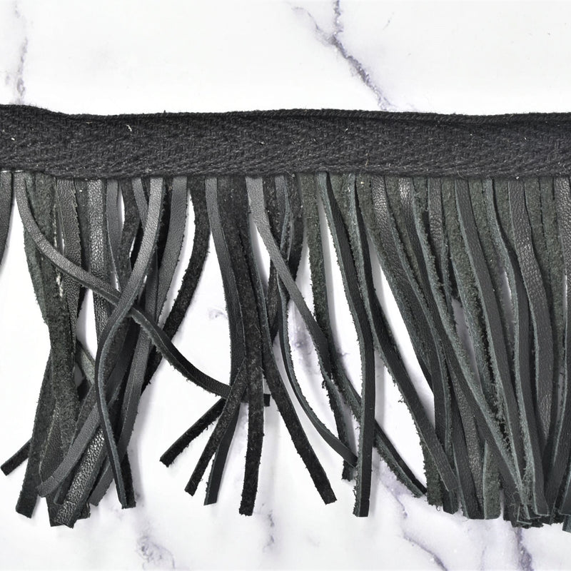 Faux Leather Fringe Trim Black 3.5 Inch