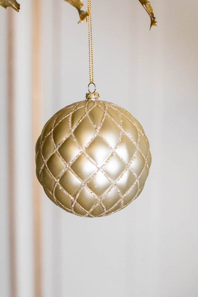 10 CM Champagne Matte Glitter Quilted Net Ball Ornament