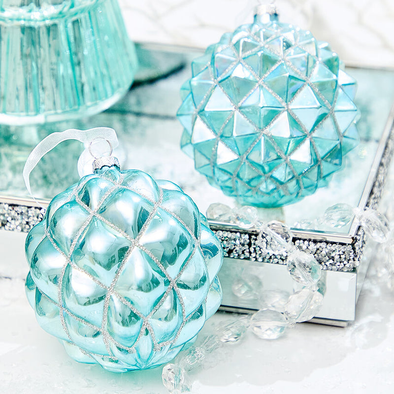 4" Northern Sky Blue Quilted Glass Ornament