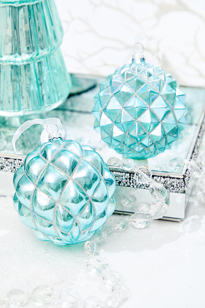 4" Northern Sky Blue Quilted Glass Ornament