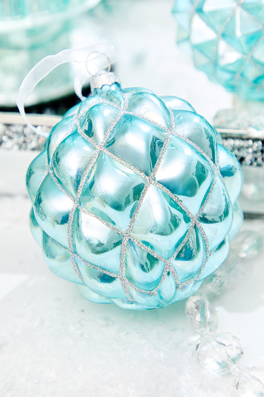 4" Northern Sky Blue Quilted Glass Ornament
