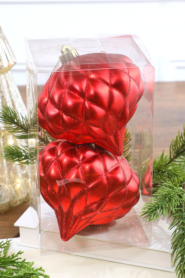 6 Inchi Red Matte Diamond Onion Finial Ornament Set of 2 Christmas Tree Decor
