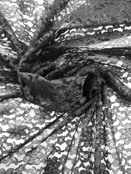 Black Rachelle Lace Polyester Fabric - Sheer Floral Lace, Black, 58/60" Width