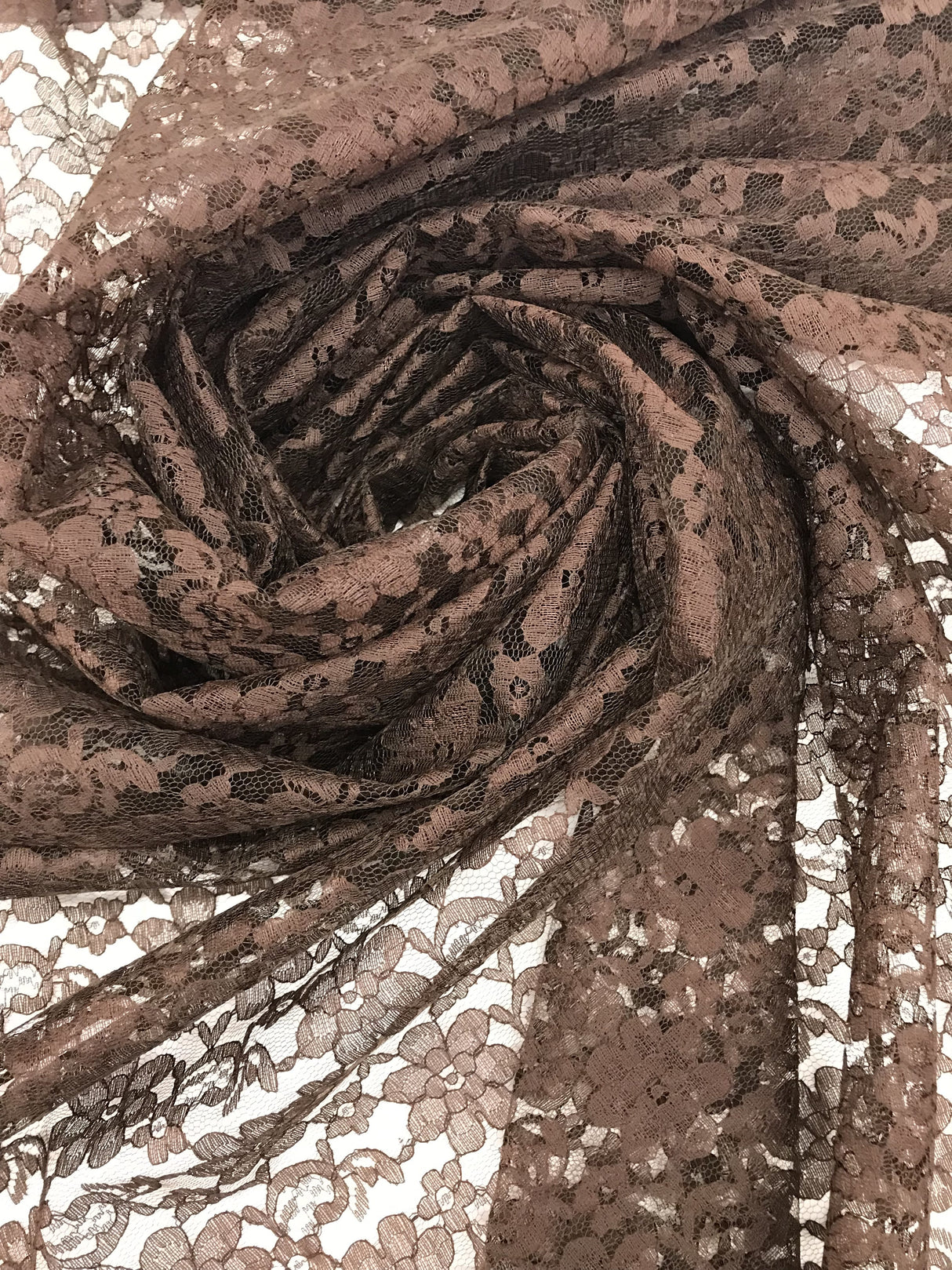 Brown Rachelle Lace Polyester Fabric - Sheer Floral Lace, Brown, 58/60" Wide (1 Yard)