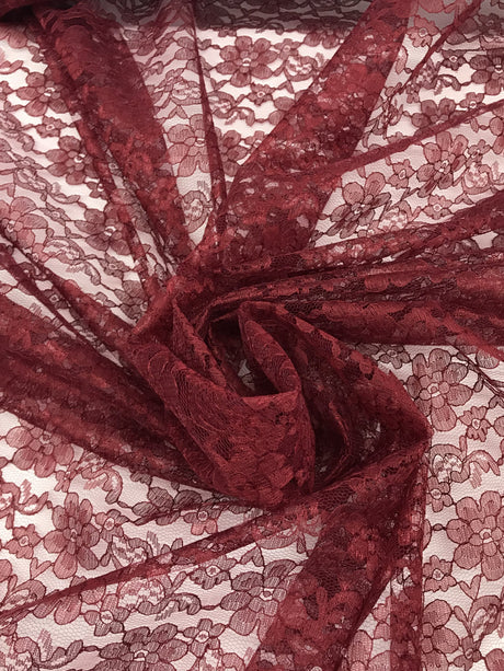 Burgundy Rachelle Lace Polyester Fabric - Burgundy Floral Lace, 58/60" Width (1 Yard)