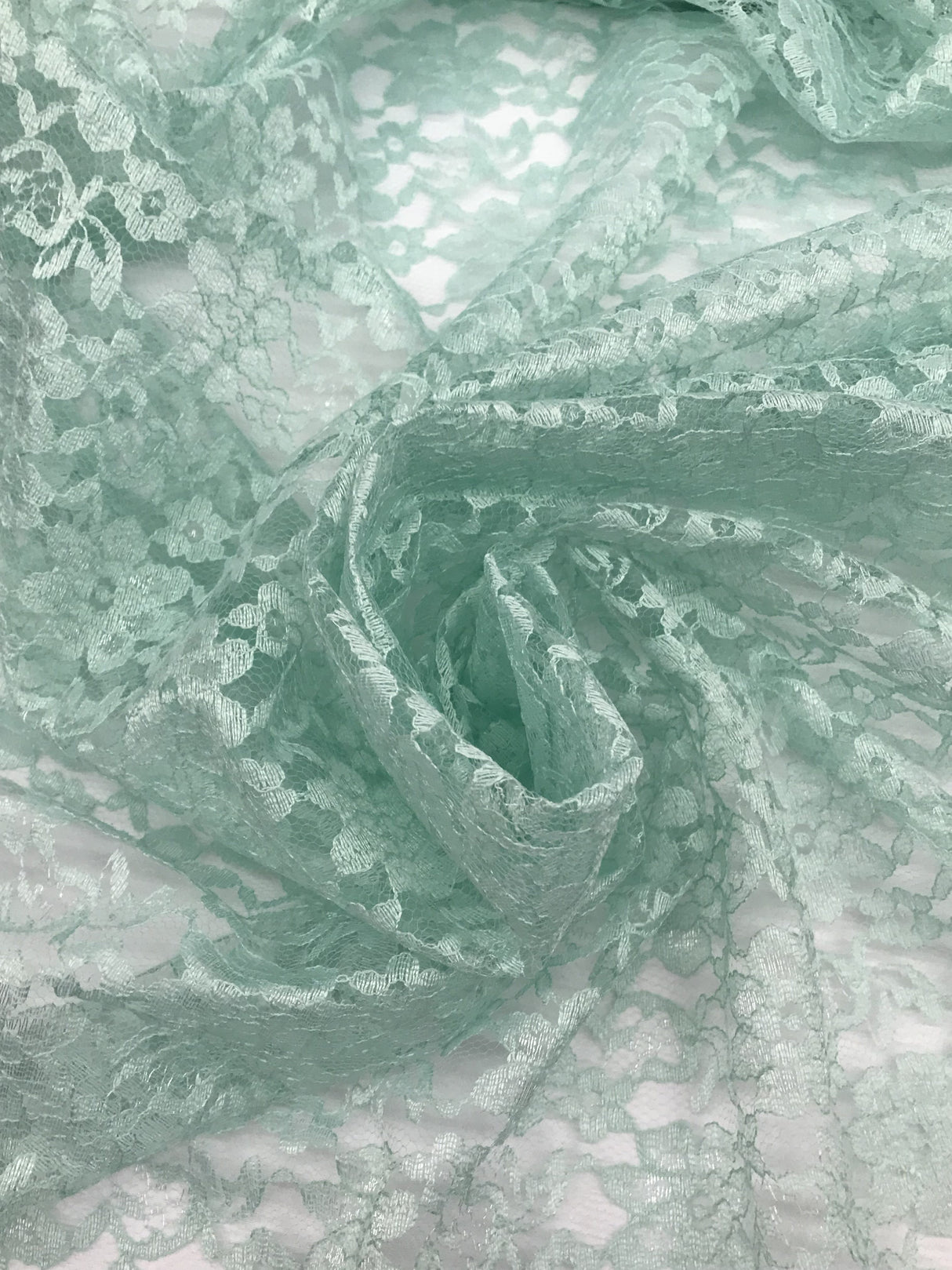 Mint Rachelle Lace Polyester Fabric - Sheer Floral Lace, Mint, 58/60" Wide (1 Yard)