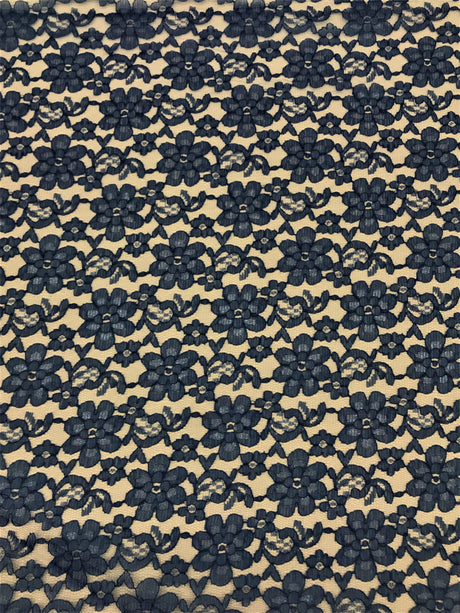 Navy Rachelle Lace Polyester Fabric - Sheer Floral Lace, Navy, 58/60" Wide (1 Yard)