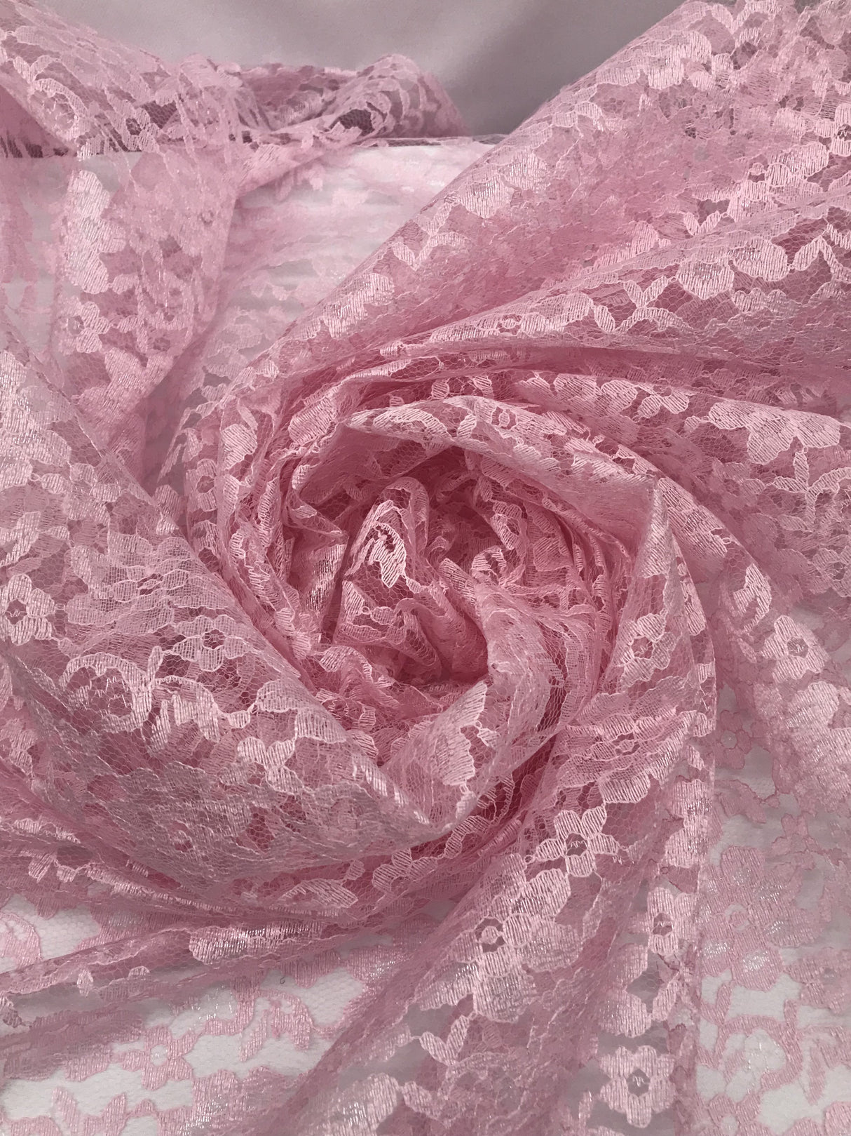 Pink Rachelle Lace Polyester Fabric - Sheer Floral Lace, Pink, 58/60" Wide (1 Yard)