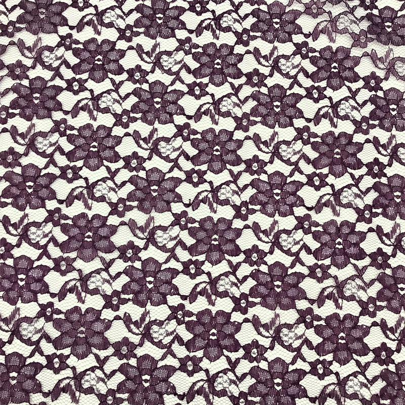 Plum Rachelle Lace Polyester Fabric - Sheer Floral Lace, Plum, 58/60" Wide (1 Yard)