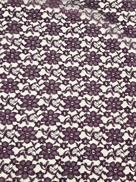 Plum Rachelle Lace Polyester Fabric - Sheer Floral Lace, Plum, 58/60" Wide (1 Yard)