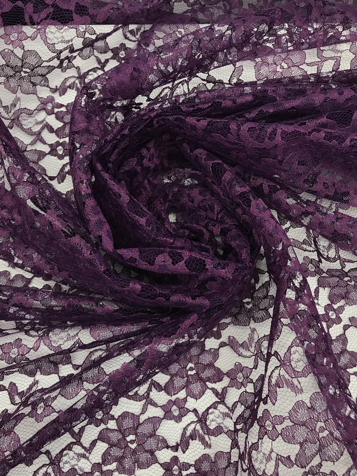 Plum Rachelle Lace Polyester Fabric - Sheer Floral Lace, Plum, 58/60" Wide (1 Yard)