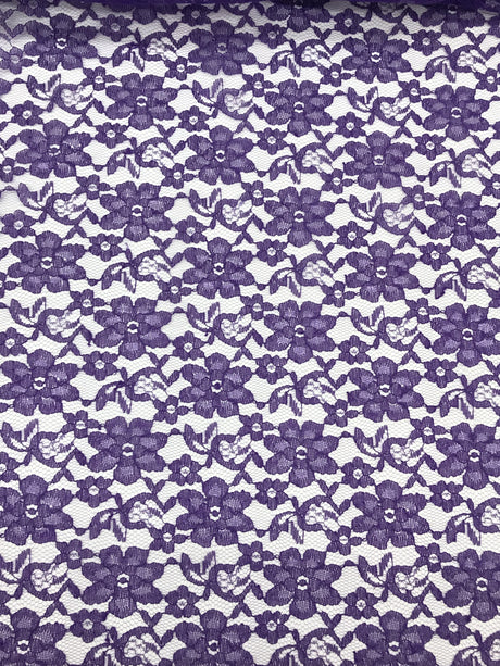 Purple Rachelle Lace Polyester Fabric - Sheer Floral Lace, Purple, 58/60" Wide (1 Yard)