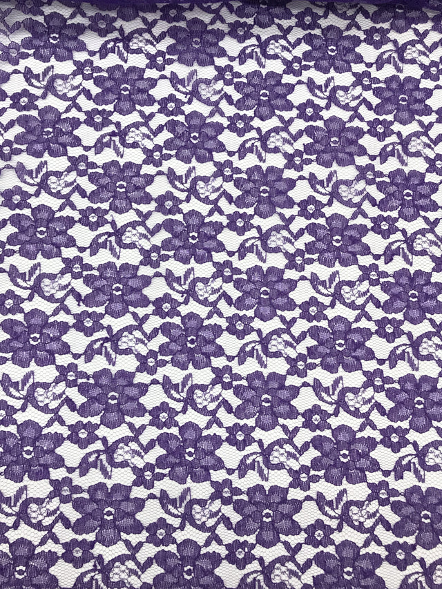 Purple Rachelle Lace Polyester Fabric - Sheer Floral Lace, Purple, 58/60" Wide (1 Yard)