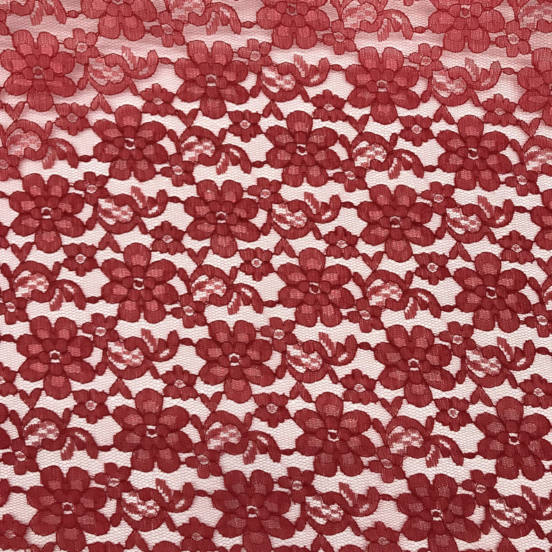 Red Rachelle Lace Polyester Fabric - Sheer Floral Lace, Red, 58/60" Wide (1 Yard)