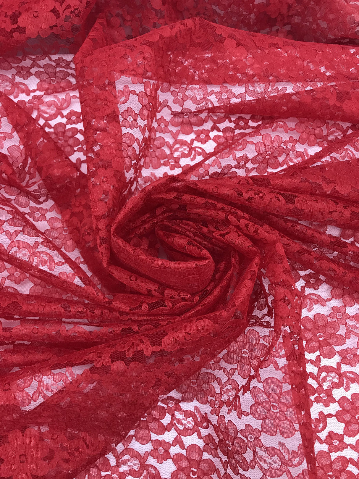 Red Rachelle Lace Polyester Fabric - Sheer Floral Lace, Red, 58/60" Wide (1 Yard)
