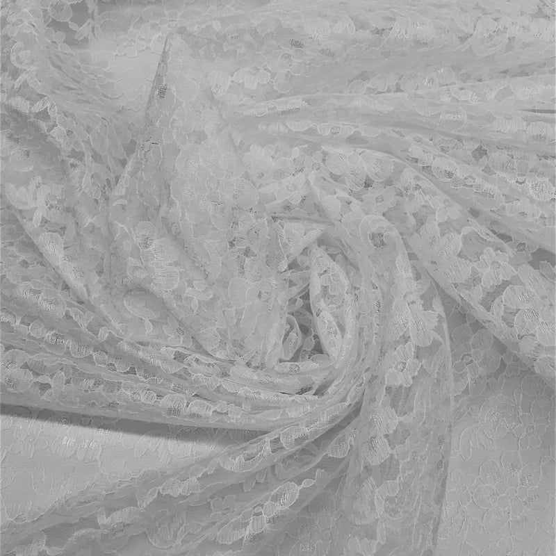White Rachelle Lace Polyester Fabric - Sheer Floral Lace, White, 58/60" Wide (1 Yard)
